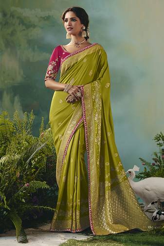 Olive dola viscose silk saree with zari weaving & sequence work blouse