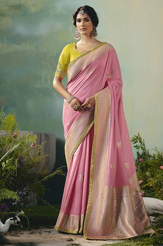Light pink dola viscose silk saree with zari weaving & sequence work blouse