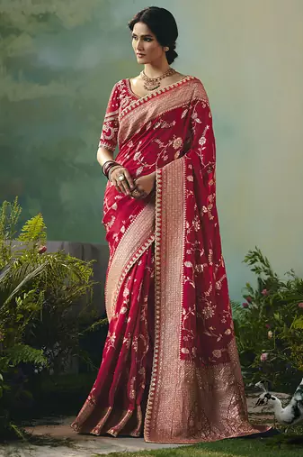 Red dola viscose silk saree with zari weaving & sequence work blouse