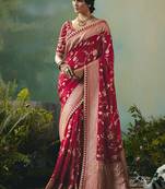 Red dola viscose silk saree with zari weaving & sequence work blouse