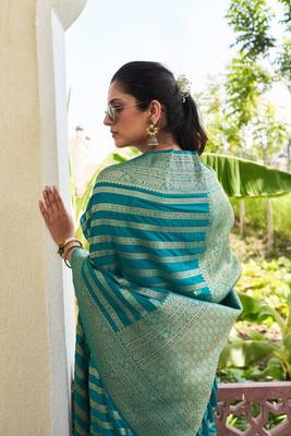 Teal blue zari woven banarasi soft georgette saree 2