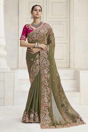 Olive party wear fendi saree with designer blouse fabric