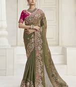 Olive party wear fendi saree with designer blouse fabric