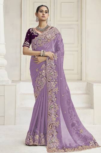 Lavender party wear fendi saree with designer blouse fabric