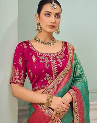 Rama party wear jecquard saree with designer blouse fabric 2