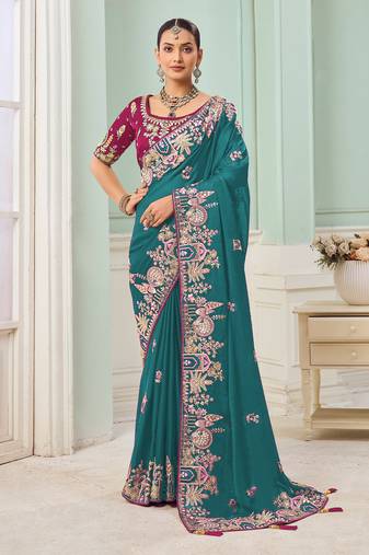 Rama party wear satin saree with designer blouse fabric