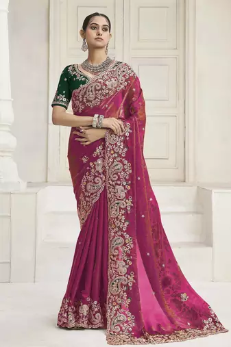 Rani pink party wear fendi saree with designer blouse fabric