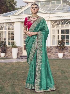 Rama party wear jecquard saree with designer blouse fabric 1