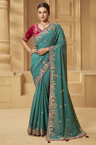 Rama party wear fancy silk saree with designer blouse fabric