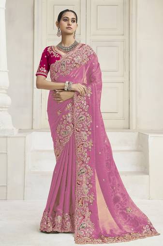 Pink party wear fendi saree with designer blouse fabric