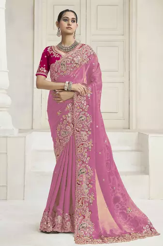 Pink party wear fendi saree with designer blouse fabric