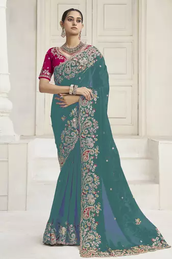 Rama green party wear fendi saree with designer blouse fabric