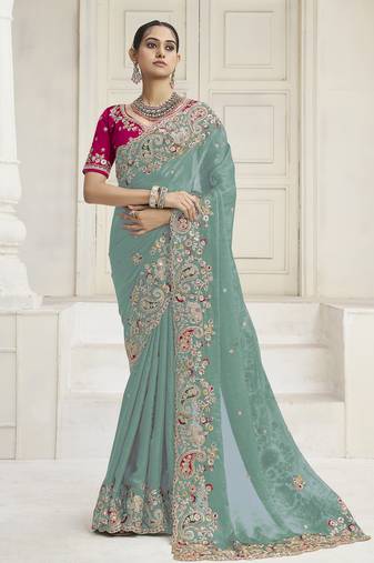 Sea green party wear fendi saree with designer blouse fabric