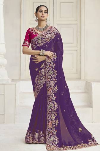 Purple party wear fendi saree with designer blouse fabric