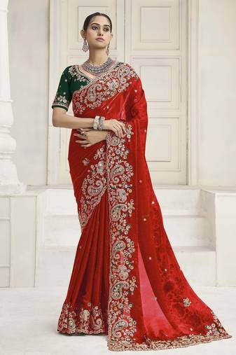 Red party wear fendi saree with designer blouse fabric
