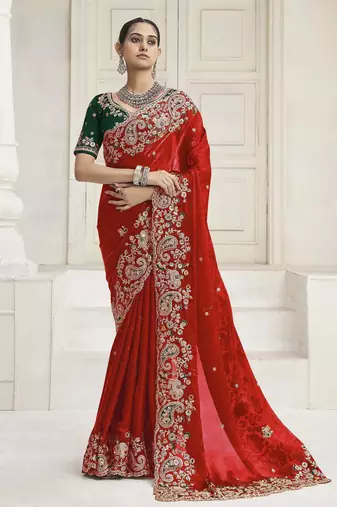 Red party wear fendi saree with designer blouse fabric