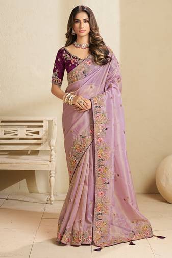 Lavender party wear tissue saree with designer blouse fabric
