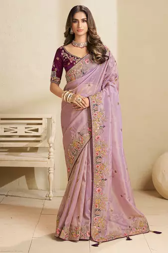Lavender party wear tissue saree with designer blouse fabric