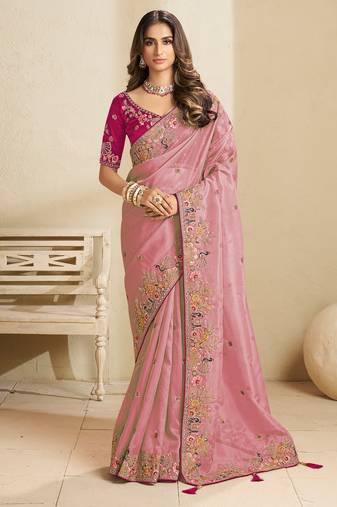 Pink party wear tissue saree with designer blouse fabric
