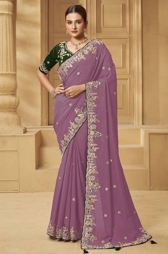 Lavender party wear fancy silk saree with designer blouse fabric