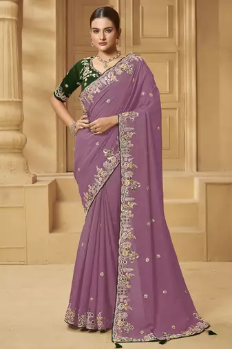 Lavender party wear fancy silk saree with designer blouse fabric