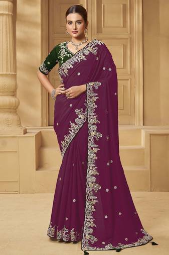 Purple party wear fancy silk saree with designer blouse fabric
