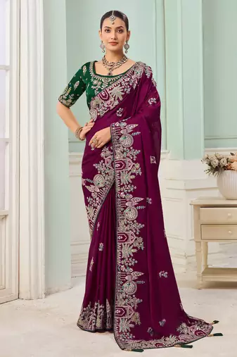 Purple party wear satin saree with designer blouse fabric