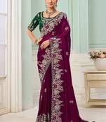 Purple party wear satin saree with designer blouse fabric