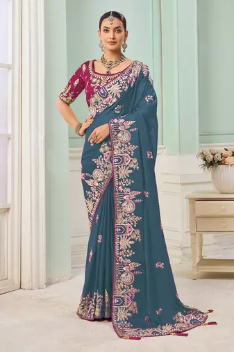 Dark peocock party wear satin saree with designer blouse fabric