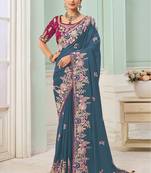 Dark peocock party wear satin saree with designer blouse fabric