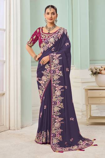 Purple party wear satin saree with designer blouse fabric