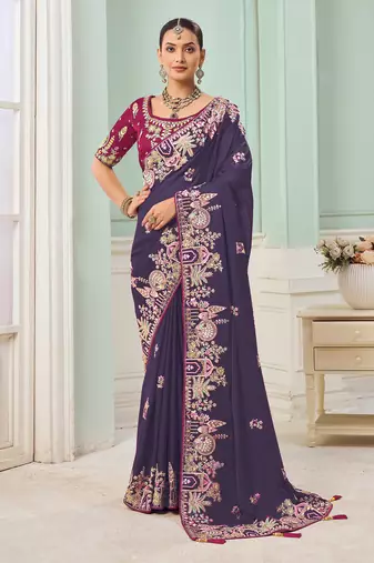 Purple party wear satin saree with designer blouse fabric