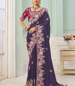 Purple party wear satin saree with designer blouse fabric