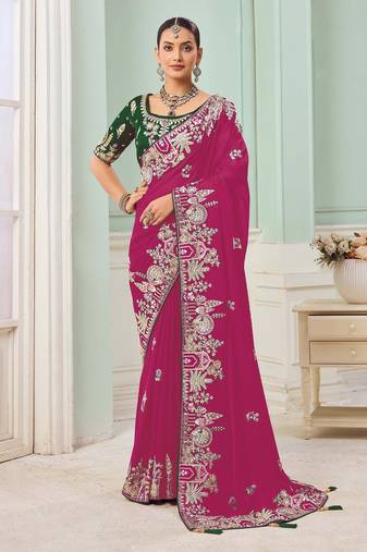 Rani pink party wear satin saree with designer blouse fabric