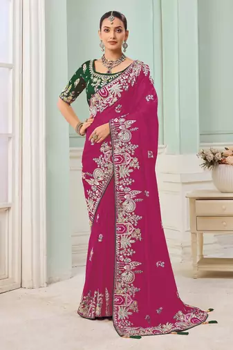 Rani pink party wear satin saree with designer blouse fabric