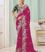 Rani pink party wear satin saree with designer blouse fabric