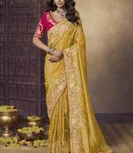 Yellow party wear jecquard saree with designer blouse fabric