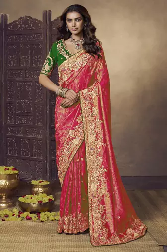 Red party wear jecquard saree with designer blouse fabric