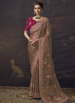 Peach party wear self jecquard saree with designer blouse fabric 1