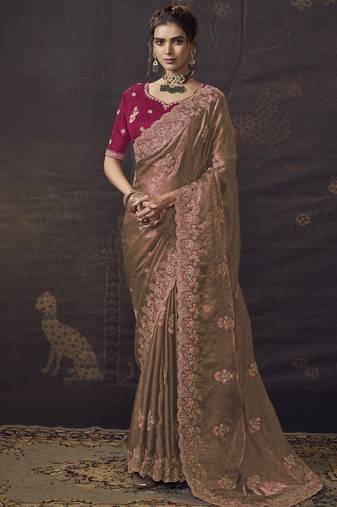 Peach party wear self jecquard saree with designer blouse fabric