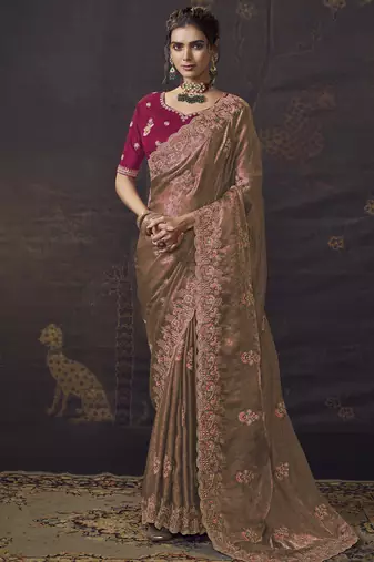 Peach party wear self jecquard saree with designer blouse fabric