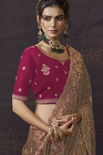 Peach party wear self jecquard saree with designer blouse fabric