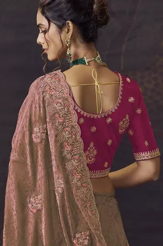 Peach party wear self jecquard saree with designer blouse fabric