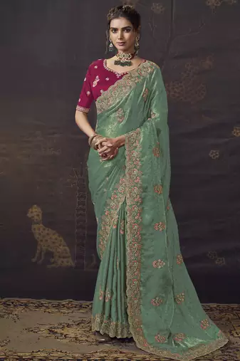 Sea green party wear self jecquard saree with designer blouse fabric