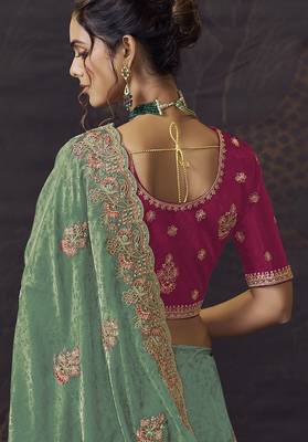 Sea green party wear self jecquard saree with designer blouse fabric 3