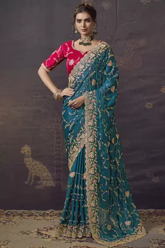Peacock party wear satin saree with designer blouse fabric