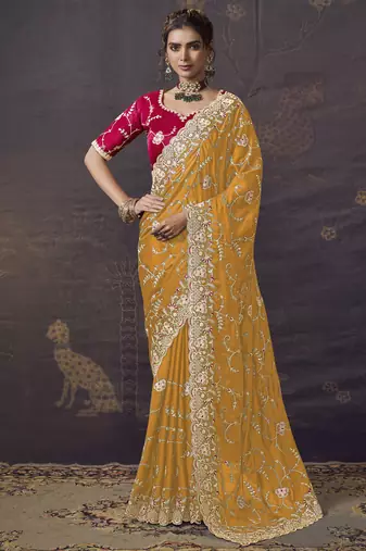 Yellow party wear satin saree with designer blouse fabric