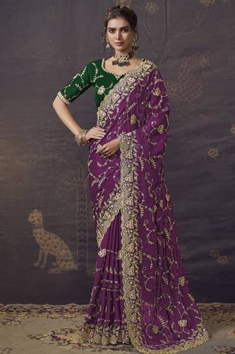 Wine party wear satin saree with designer blouse fabric