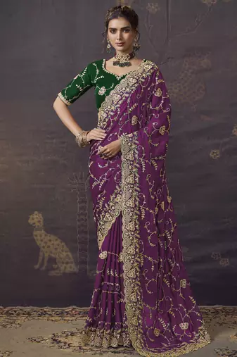 Wine party wear satin saree with designer blouse fabric