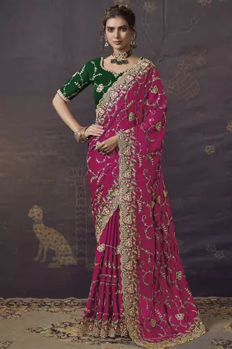 Rani party wear satin saree with designer blouse fabric